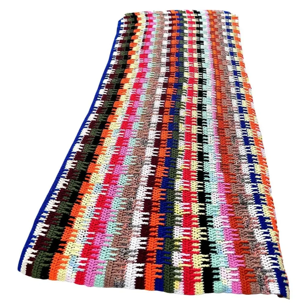 Retro Handmade Crocheted Granny Blanket Unique Rainbow Plaid Cottage Kitsch Fun